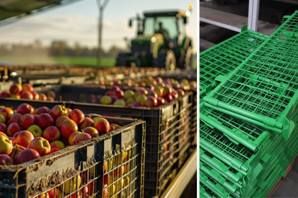 Landwirtschaftliche Körbe mit Äpfeln auf dem Feld beim Transport und grüne Gitterboxen